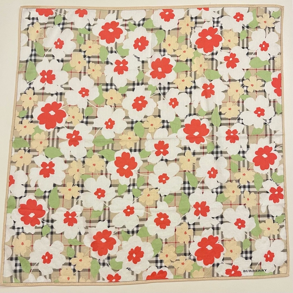 Burberry Red and White Floral Check Handkerchief. - Picture 2 of 5